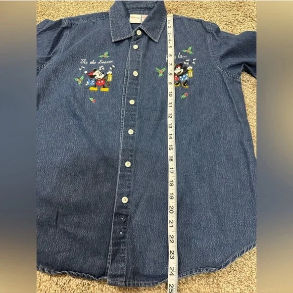 Vintage Tis The Season Mickey Mouse Shimmery Button Down Shirt Size Small - Picture 9 of 10